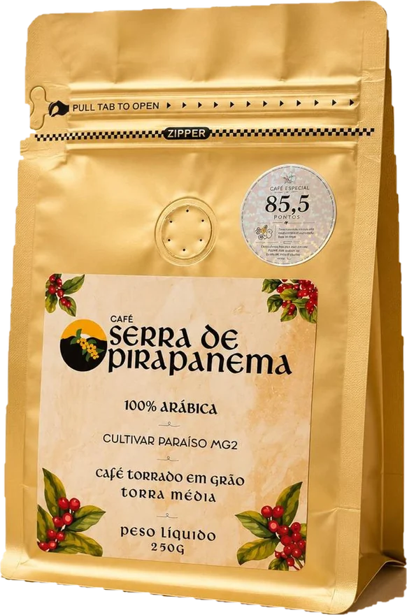 Embalagem dourada do café Especial, de 85,5 pontos